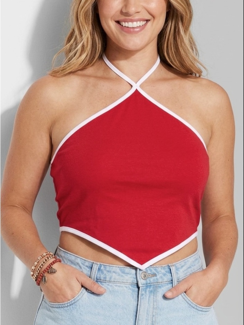 Women’s Game Day Red Cropped Halter Top with Football Charms NWT